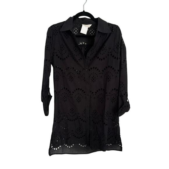 Women's M A Diva Black Eyelet-Embroidered Cover-Up Shirtdress Cotton - Picture 1 of 4